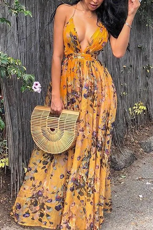 V Neck Backless Slip Maxi Dress