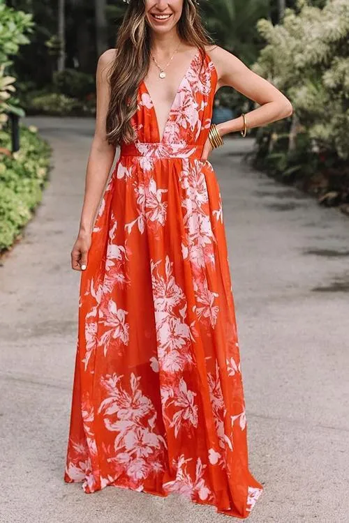 V Neck Backless Slip Maxi Dress