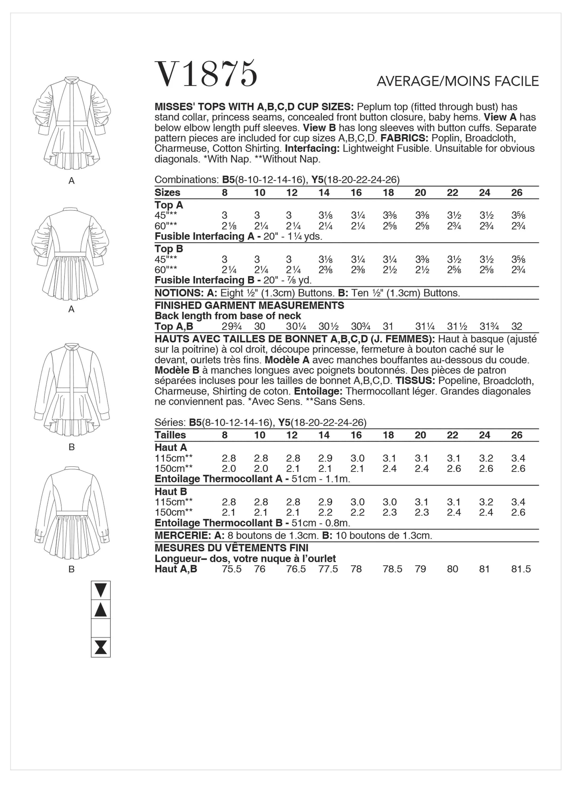 Vogue Pattern V1875 Misses' Tops