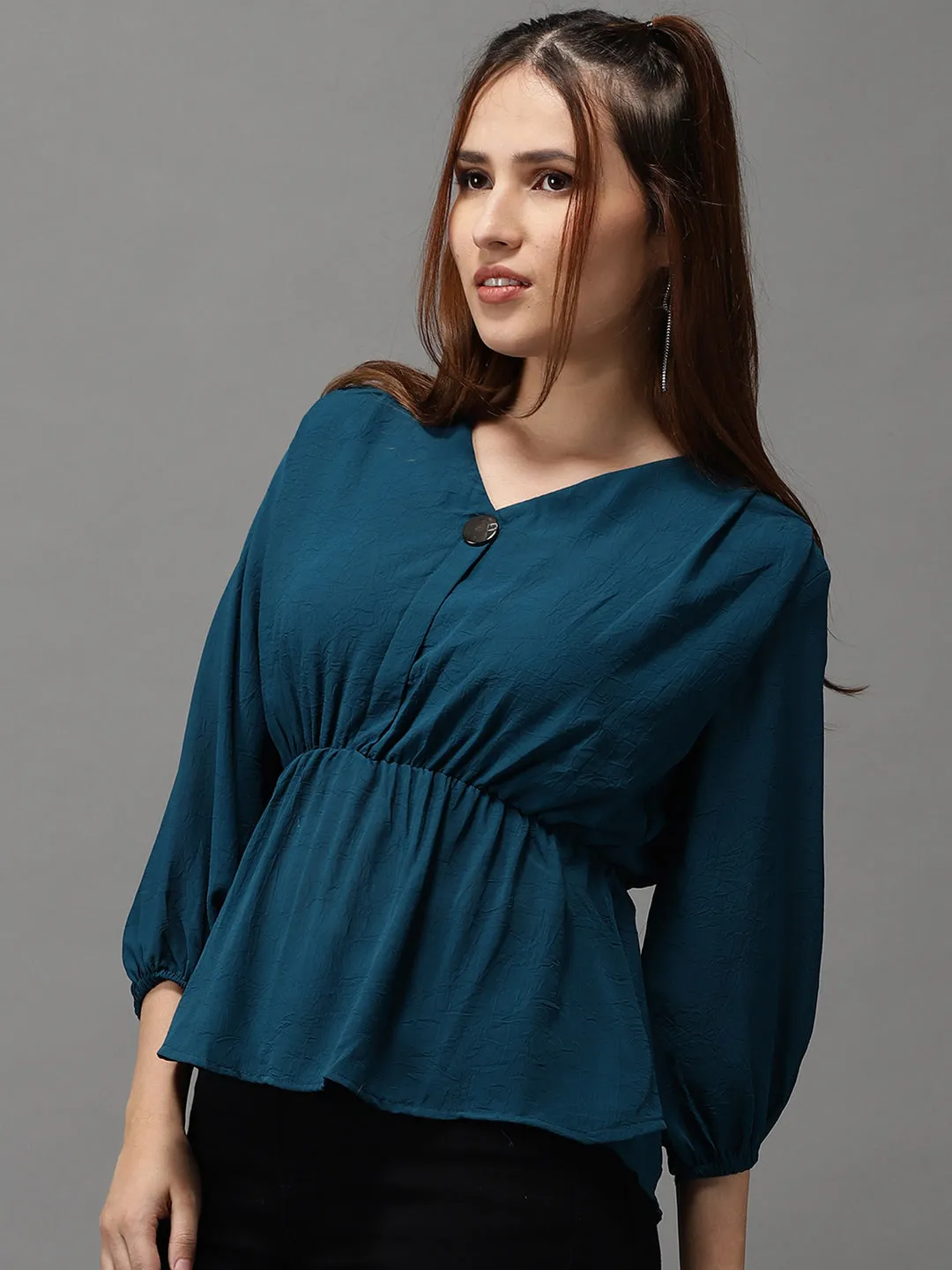 Women V-Neck Solid Teal Peplum Top