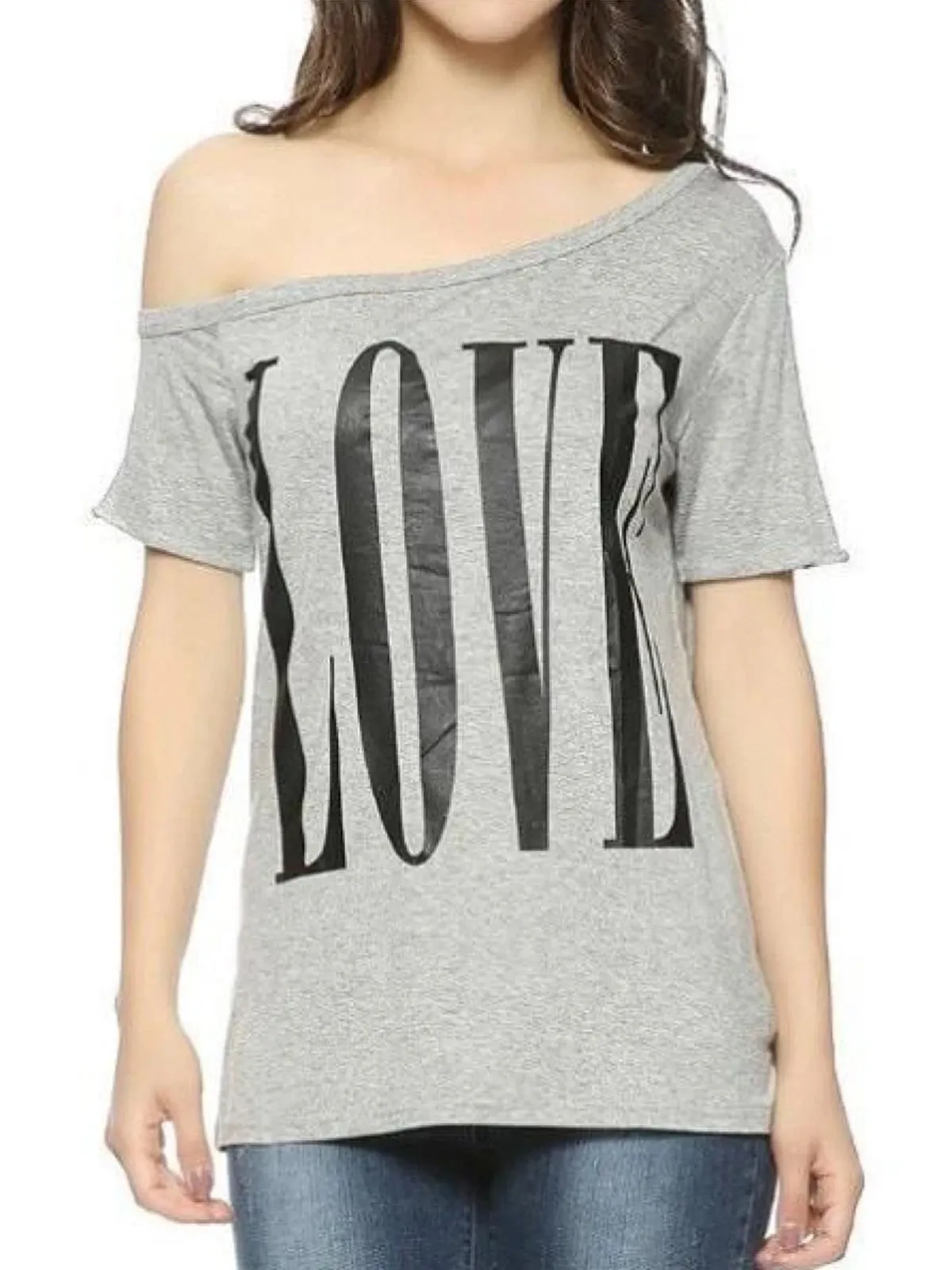 Women's Grey Off Shoulder Love Tee