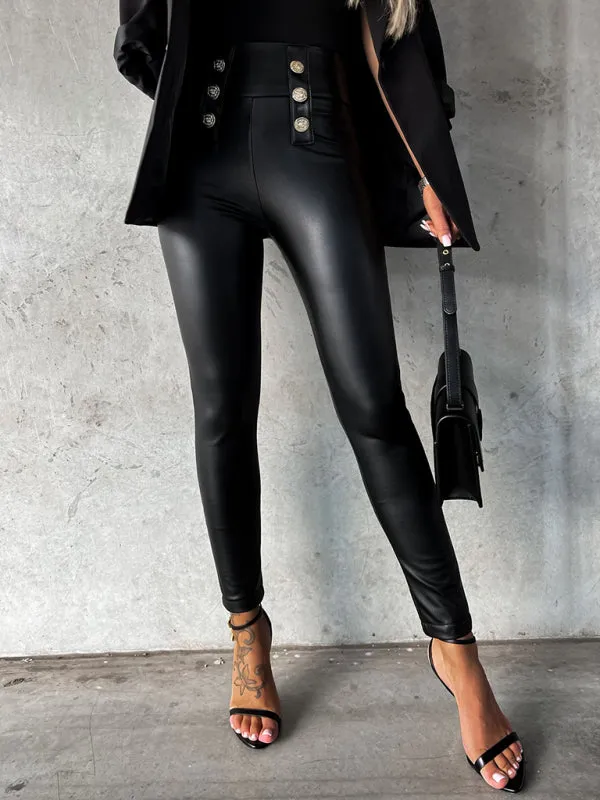 Women's High Waist Faux Leather Trousers