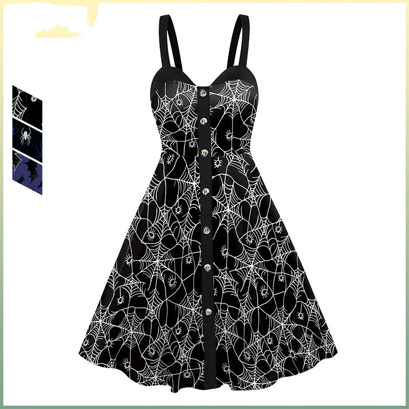 Women's Skeleton Spider Web Digital Printing Slip Dress