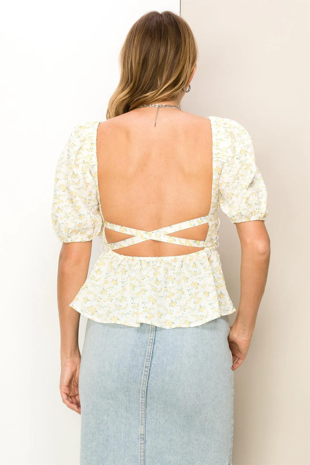 Yellow Floral-Print Tie-Back Peplum Top