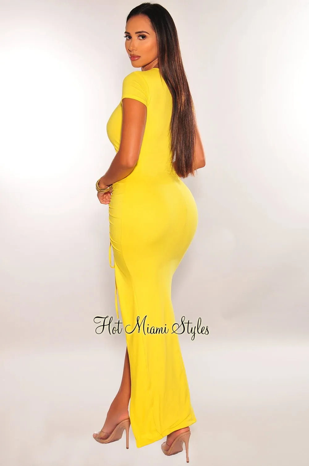 Yellow Short Sleeves Ruched Drawstring Slit Maxi Dress